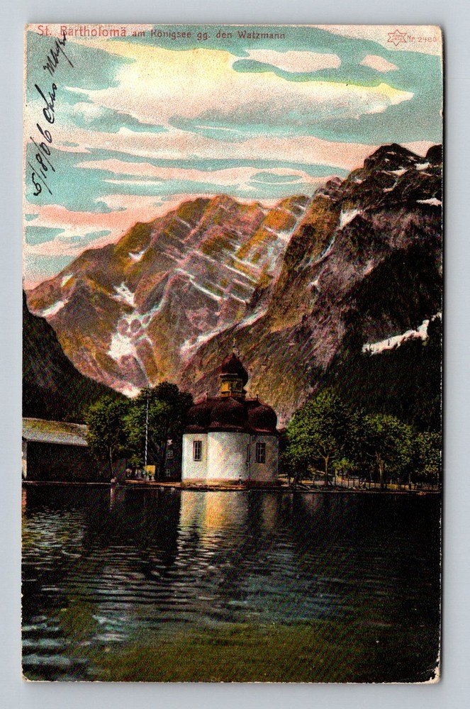 Germany- Lake Konigssee St Bartholomew Church Old Postal Vintage c1906 Postcard