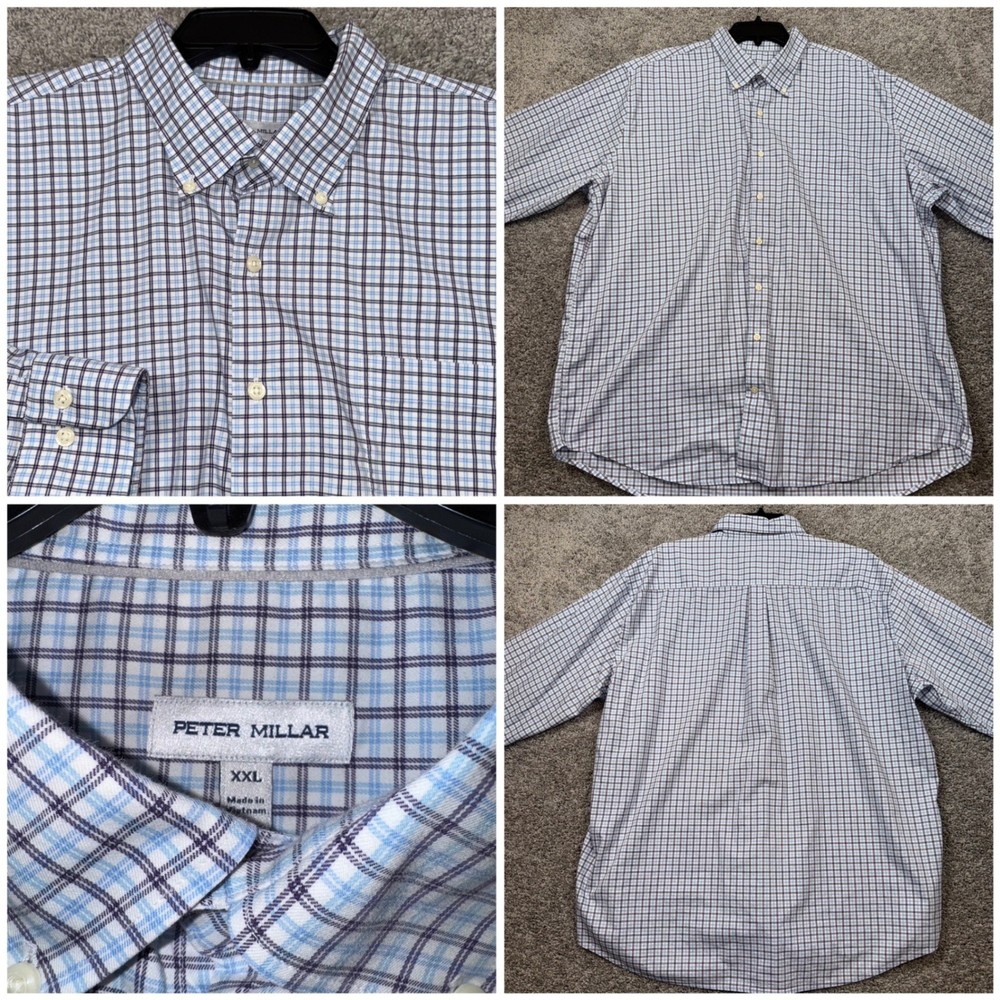 Peter Millar Mens XXL Button Down Shirt Plaid Long Sleeve Cotton Blend Casual