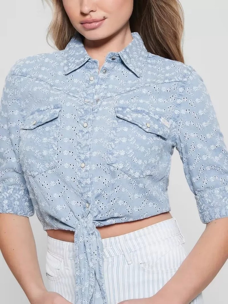 GUESS Women's Eyelet Tie-Front Sexy Pin-Up Shirt NEW