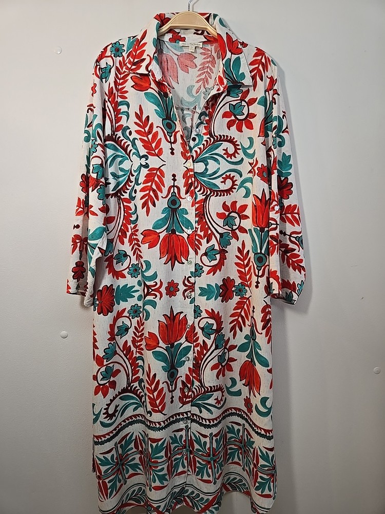 NWT Anthropologie Fig And Flower Sz 2X Button Down Shirt Dress Roll Tab Sleeve
