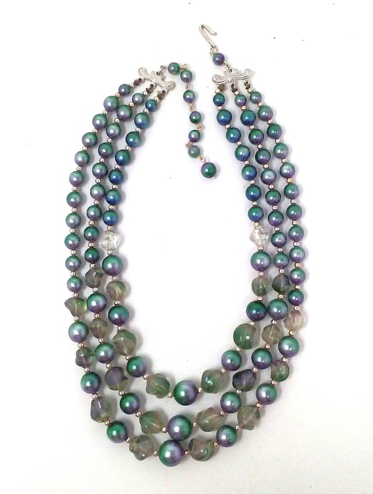 Vtg Japan Peacock Blue Green 3-Strand Bead Necklace w/ Molded Glass Accent Beads