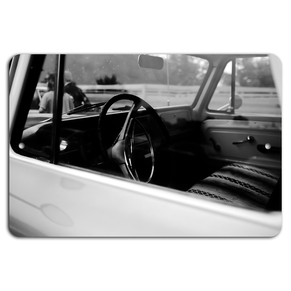 Vintage Ride: Classic Car Interior in Black & White