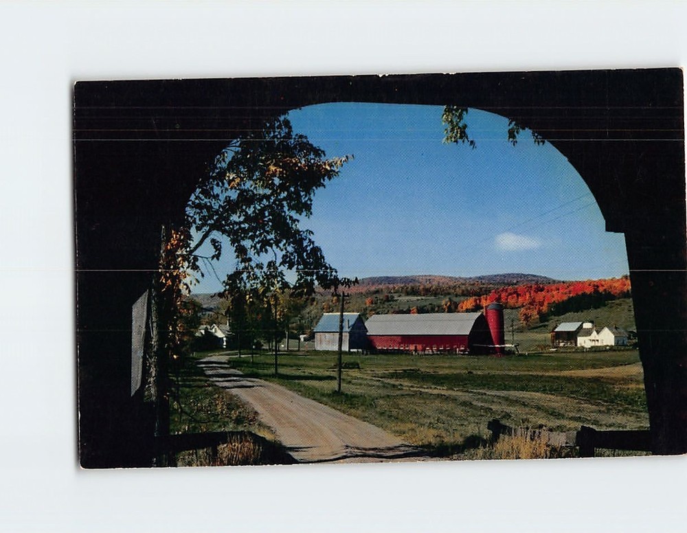Postcard Farm Scene from Inside Covered Bridge in Coventry USA