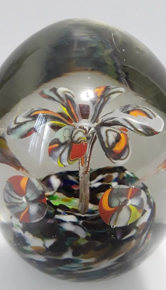 Vintage Hand Blown Tinted Art Glass Paperweight with Colorful Abstract Flowers-image