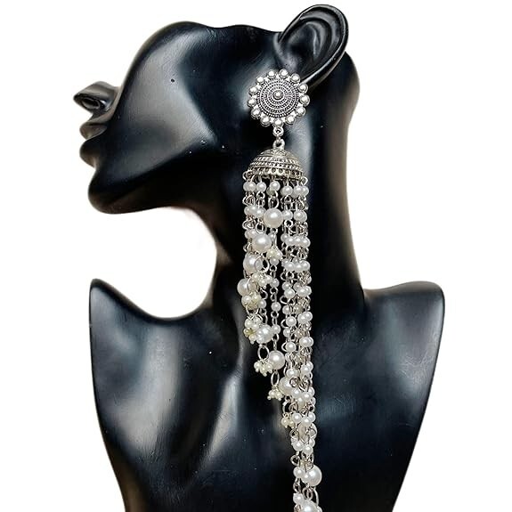 Oxidised Silver Jhumka Earings for Women | Long Pearls Tassel Handmade Earrings
