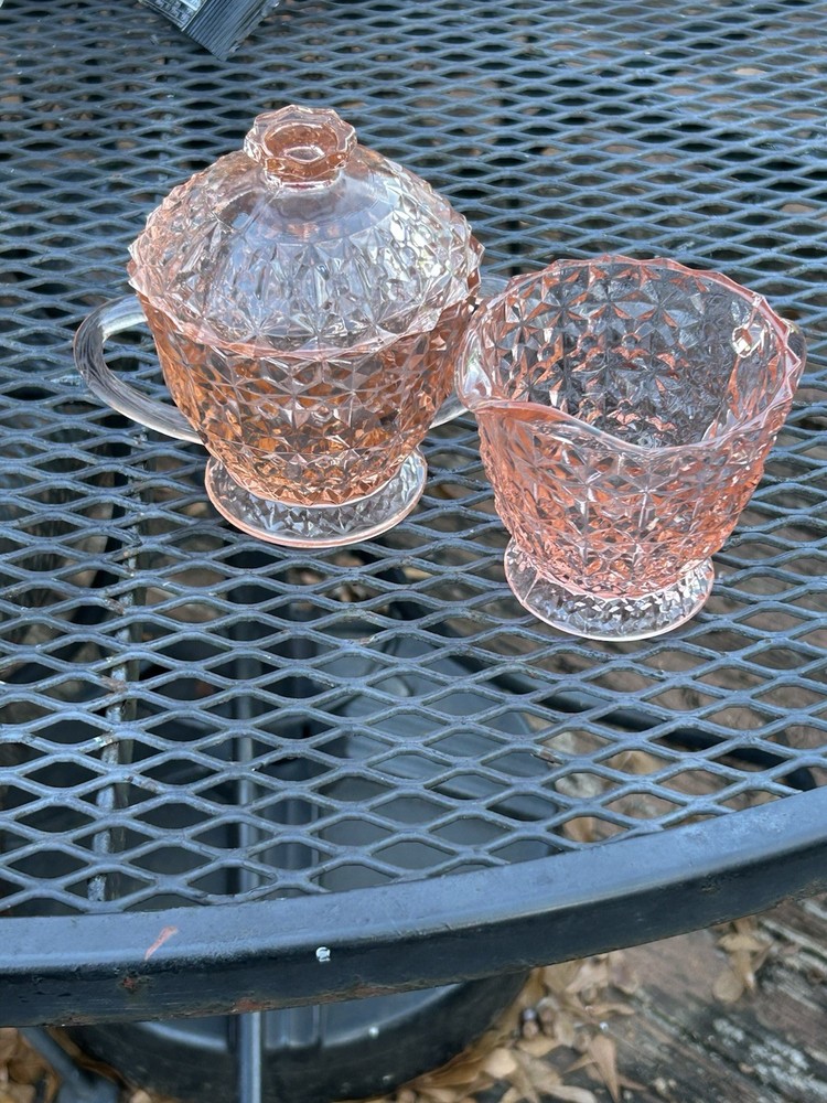 Jeannette Glass Pink Depression Button and Bows creamer and sugar bowl set