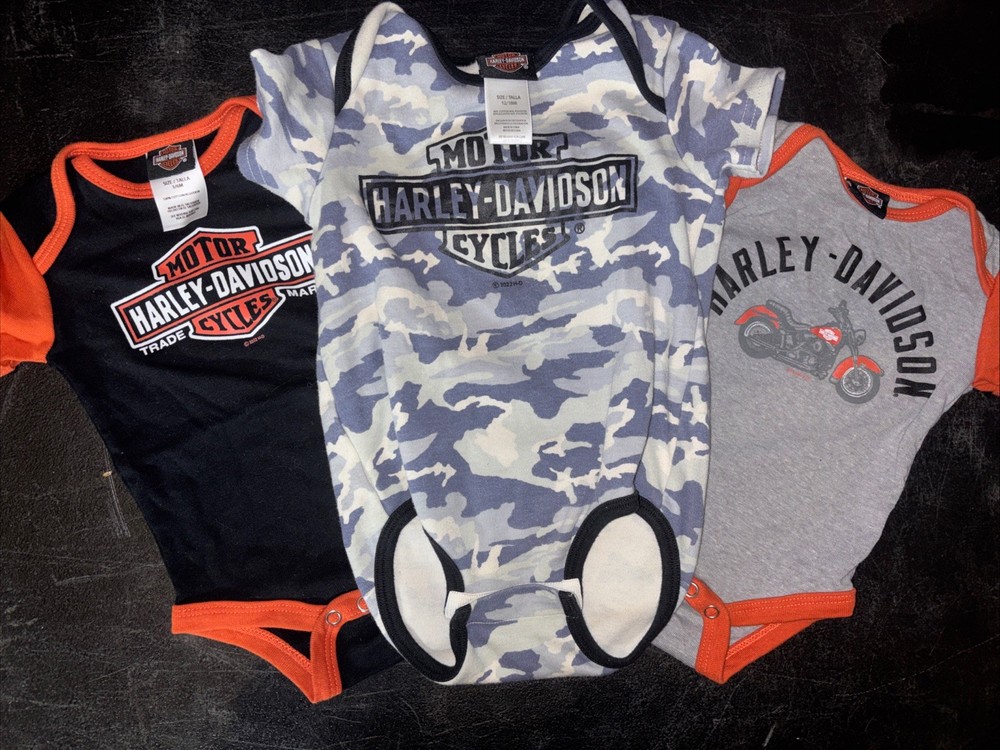 3 PK HARLEY DAVIDSON One Piece Piece Baby Size 3-6 Months and Size 12-18M