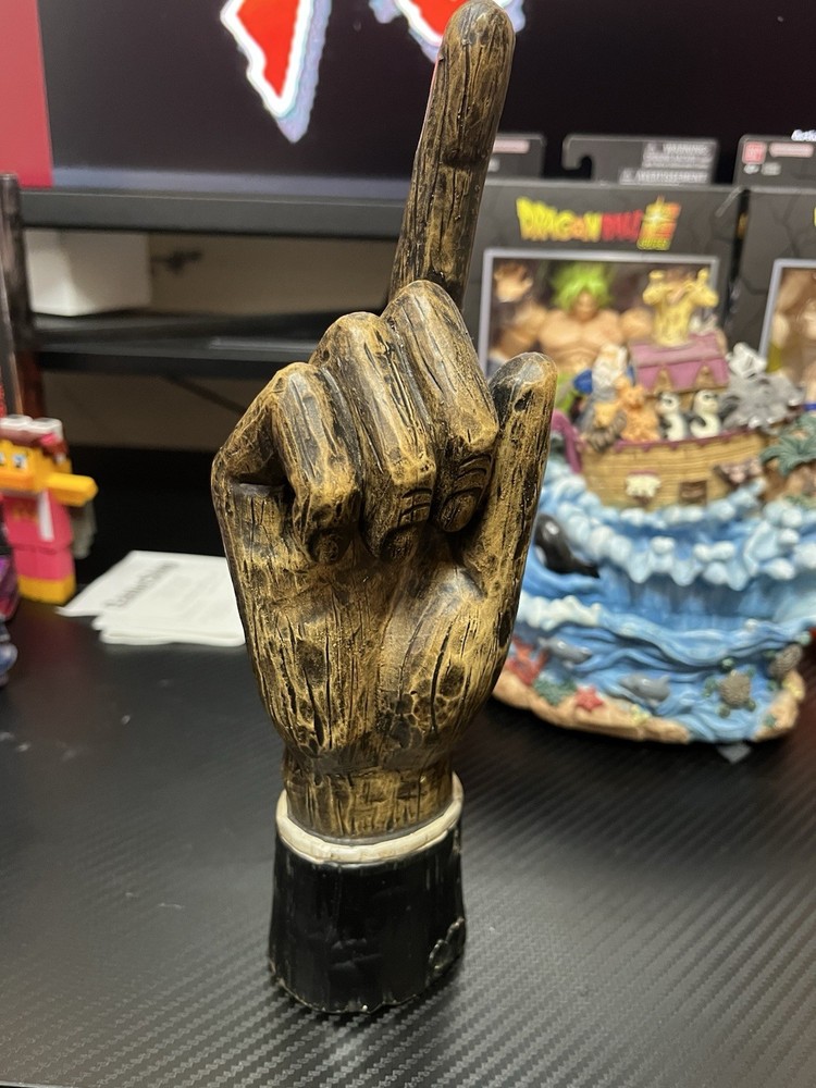 Brown Wood-Look Middle Finger Hand Sculpture, Freestanding on Black Base