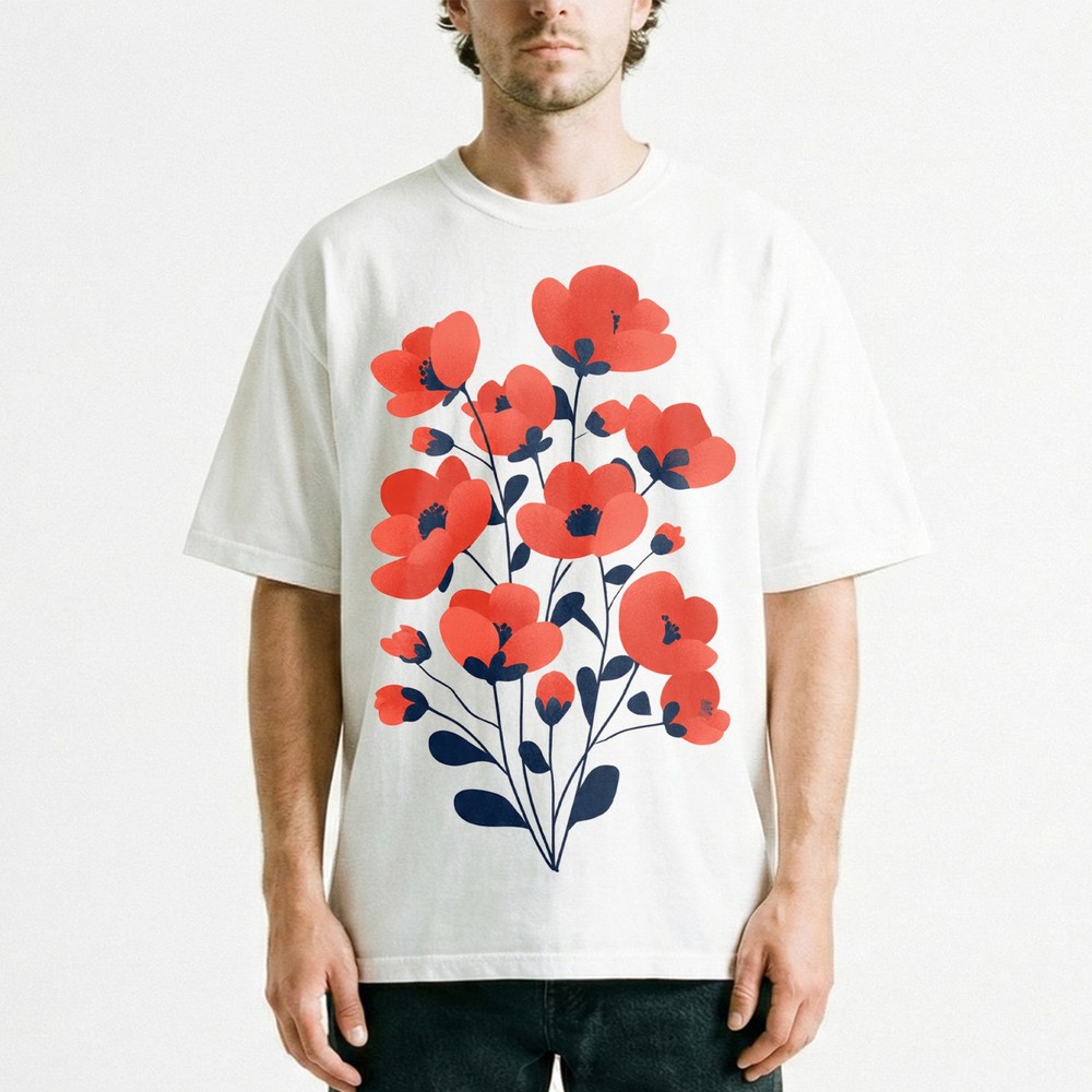 Red Poppy Bunch Stems Dark Background Unisex T-Shirt Wildflower Lover Tee