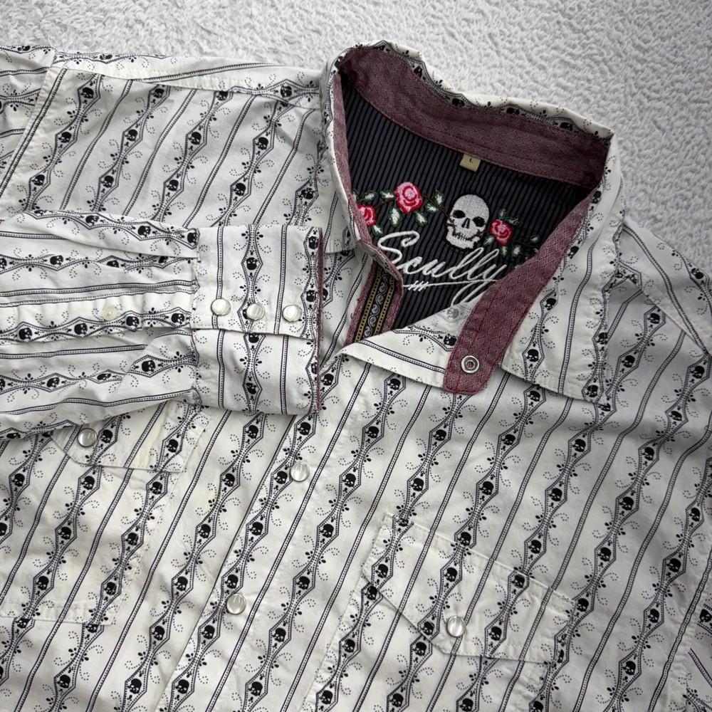 Scully Mens White Black Skull Stripe Western Pearl Snap Shirt Large Embroidered