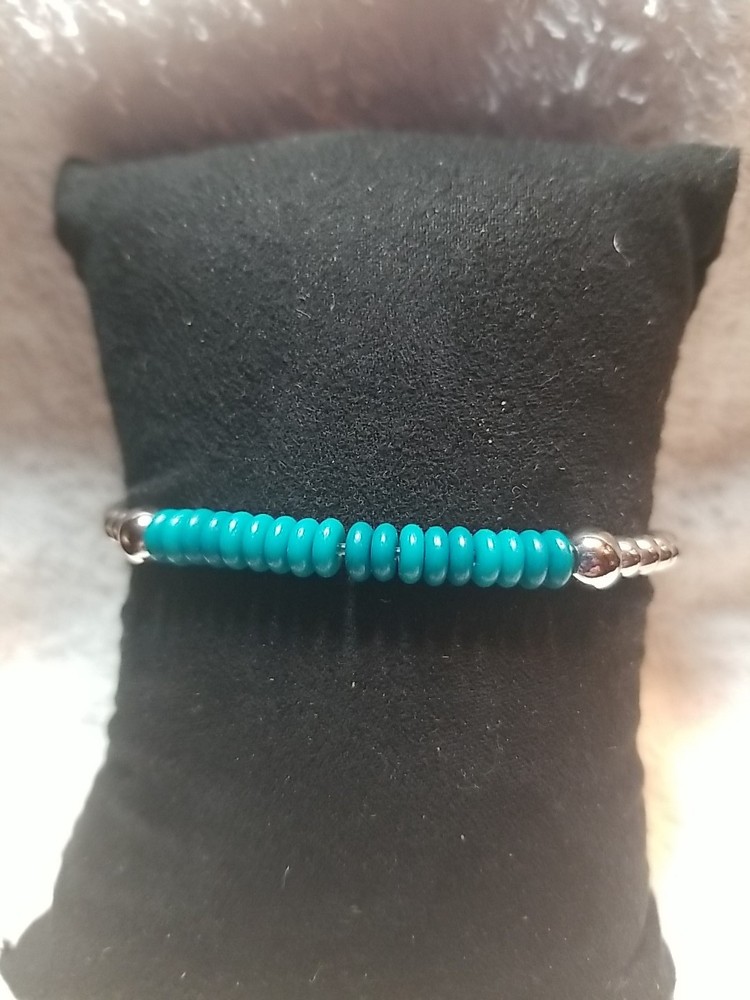 Rustic Cuff Silvertone And Faux Turquoise  Stretch Bracelet