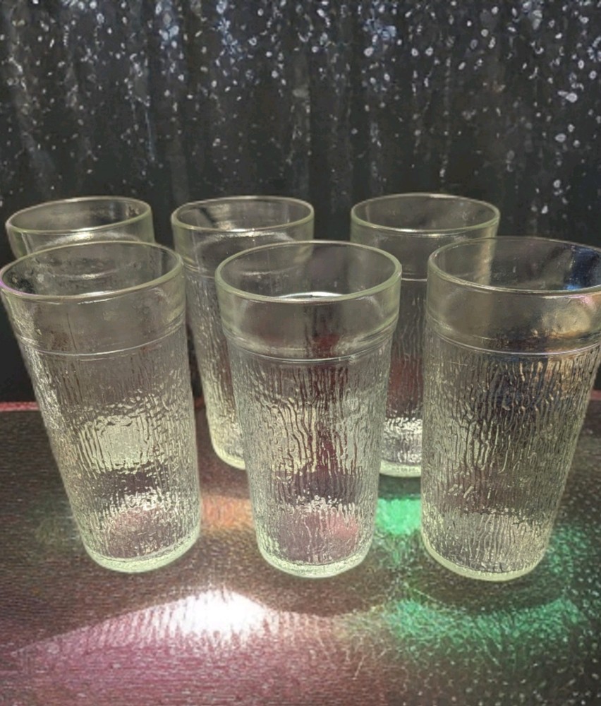 Vintage Kerr Glass Tumblers Drinking Glasses Clear Bark Icicle Texture Set of 6