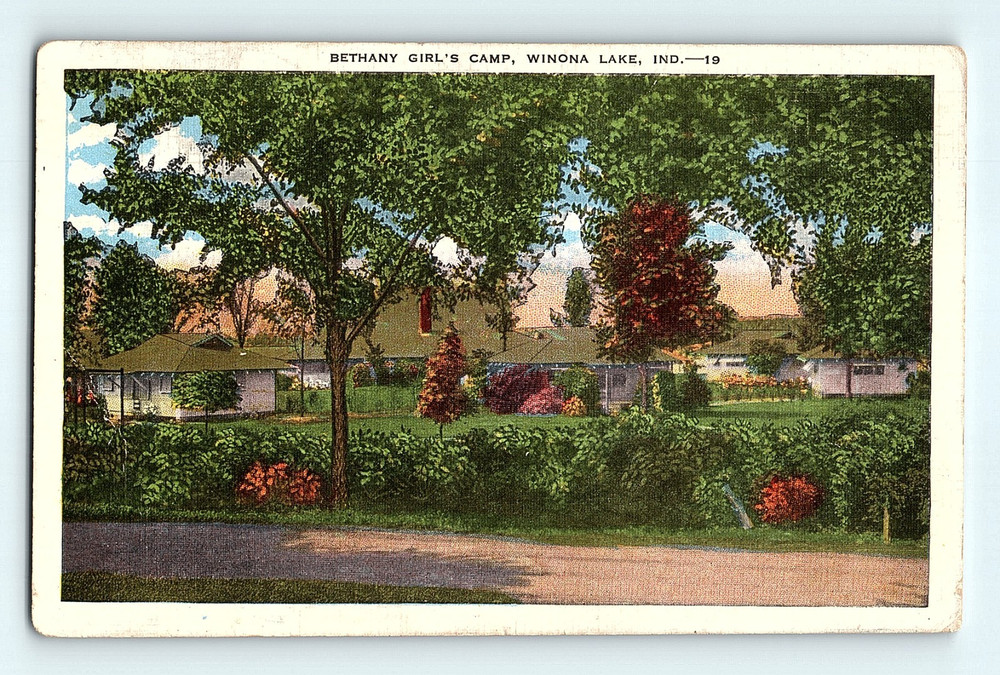c1940s Bethany Girl's Camp Winona Lake Indiana Cabins & Trees Linen Postcard G8