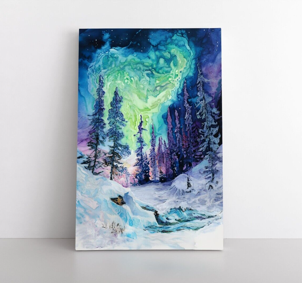 Aurora Borealis Snowy Winter Forest Abstract Painting Print Canvas Wall Art-image