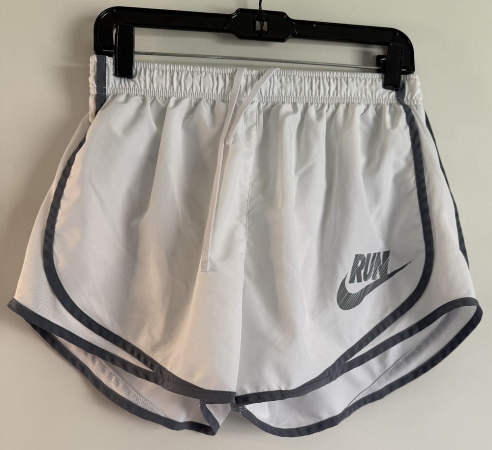 Nike Active Lined Dri-Fit Shorts White w/Gray Graphic Logo Running Women’s Sz Lg
