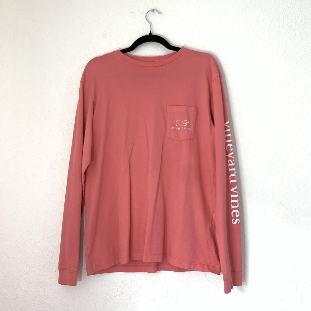 Vineyard Vines T-Shirt Men S Pink Spellout Long Sleeve Whale Pocket Logo Tee