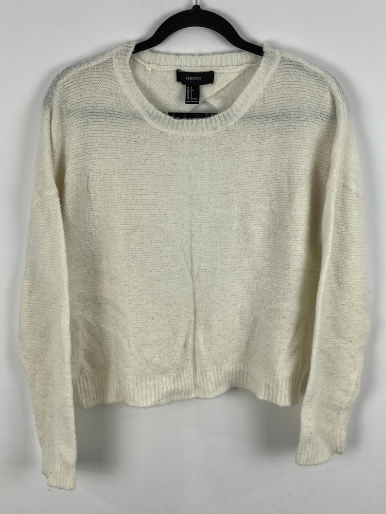 Forever 21 Short Sweater Size S White Long Sleeve Crew Neck Open Back Tight Knit