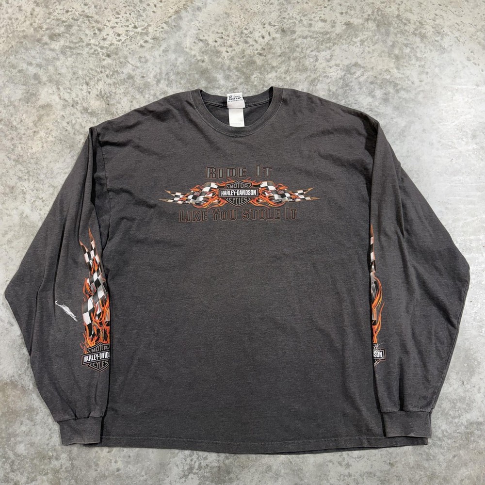 Harley-Davidson Shirt Mens 3XL Gray Ride It Flames St Charles MO Long Sleeve Tee