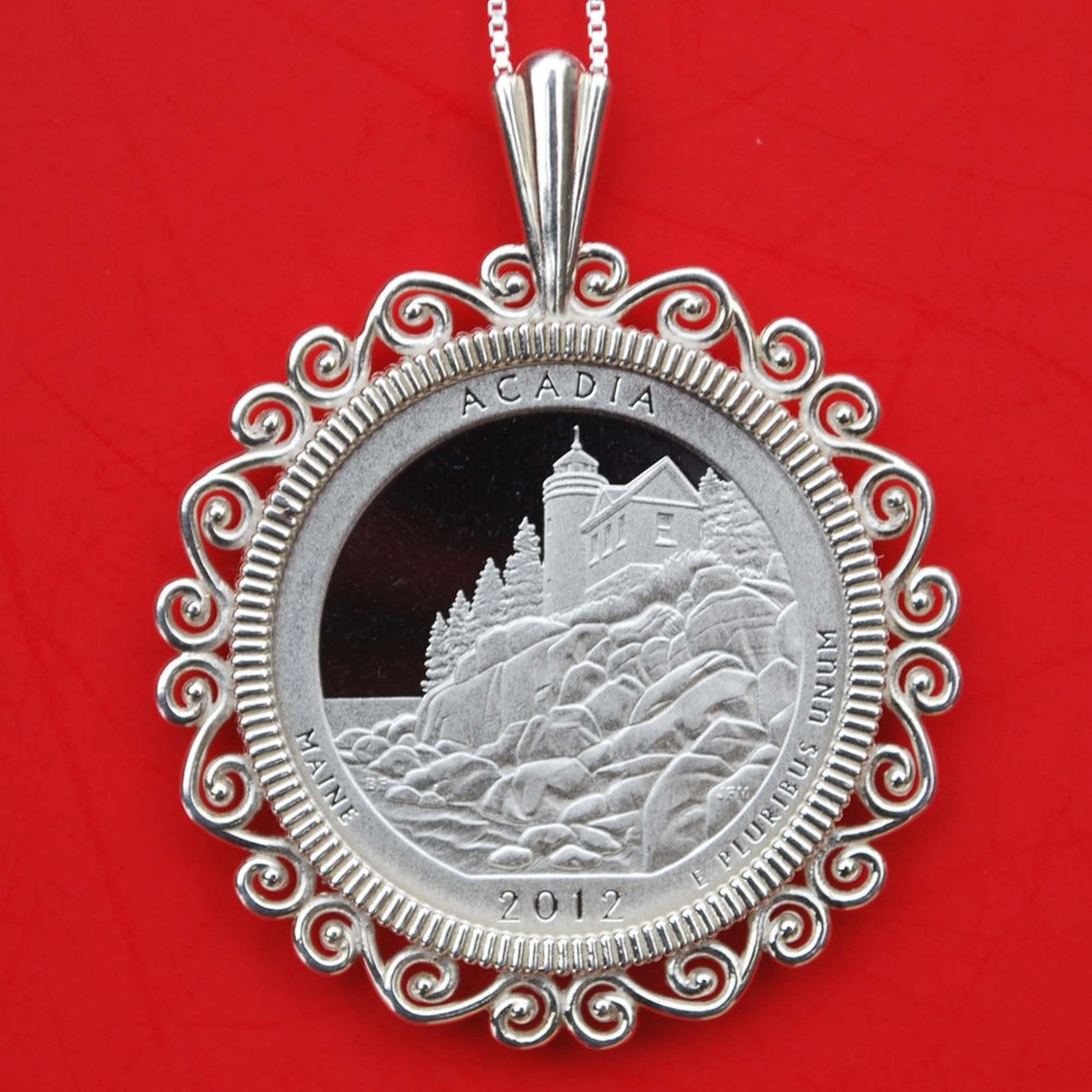 US 2012 Maine Acadia National Park 90% Silver Proof Coin Sterling Necklace-image