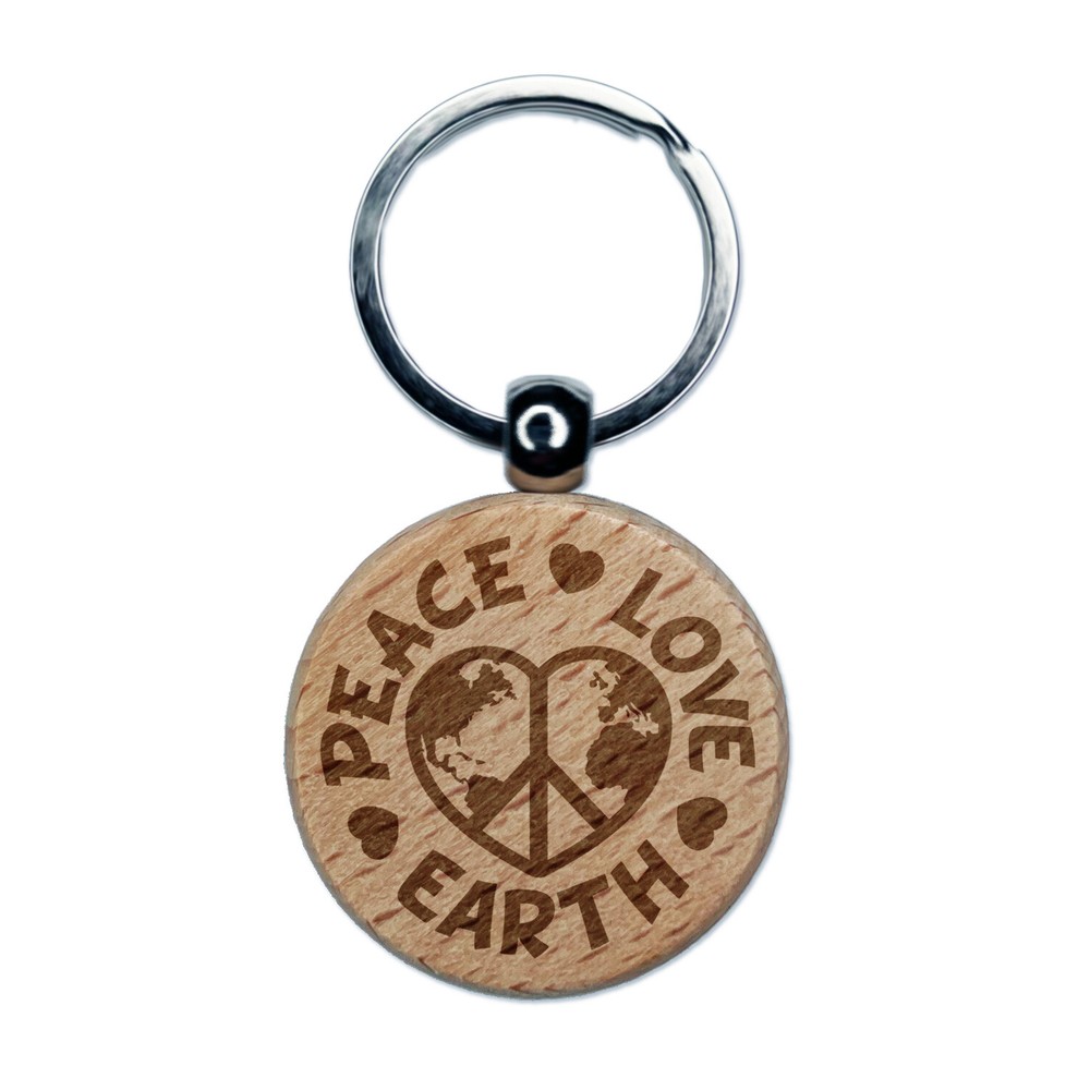 Peace Love Earth Engraved Wood Round Keychain Tag Charm