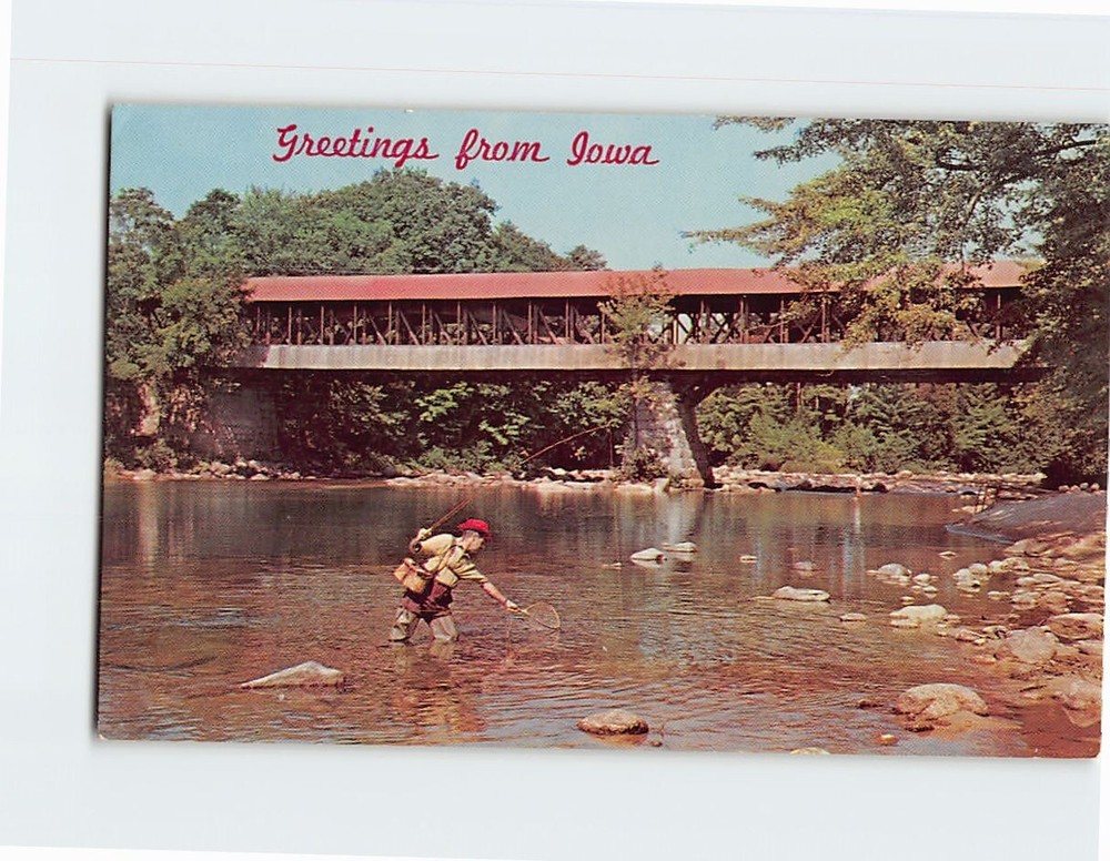 Postcard Fishing Scene & Covered Bridge Greetings from Iowa USA