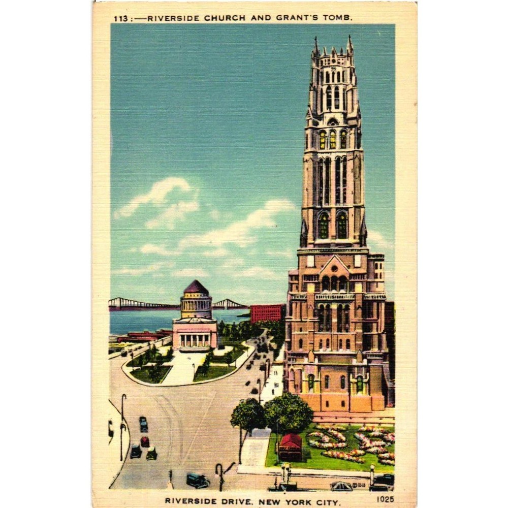 Vintage Riverside Church Grant's Tomb NYC Linen Postcard Riverside Drive 1025