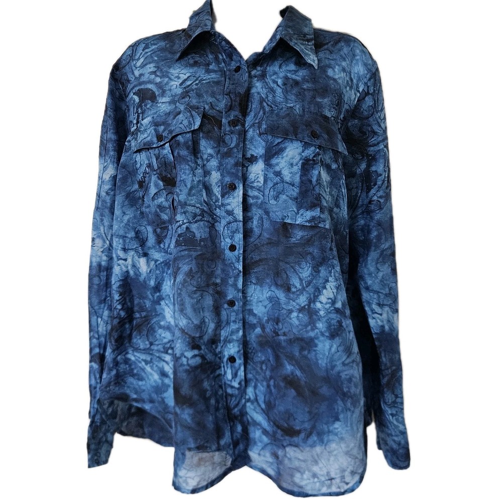 Lauren Ralph LRL Womens Top L Blue Lightweight Cotton Silk Abstract Art Classic