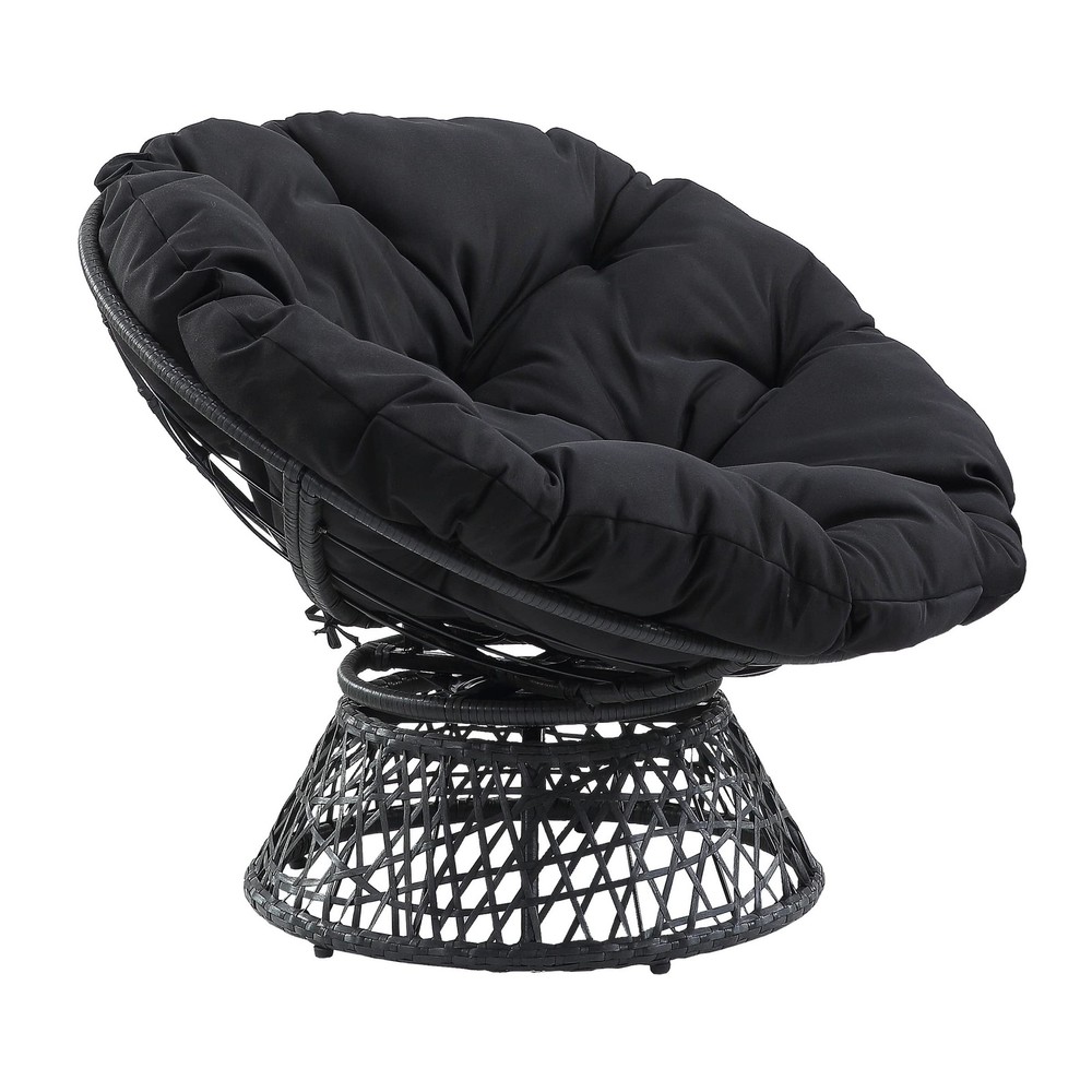 Wicker Papasan Chair with 360-Degree Swivel, Grey Frame with Black Cushion