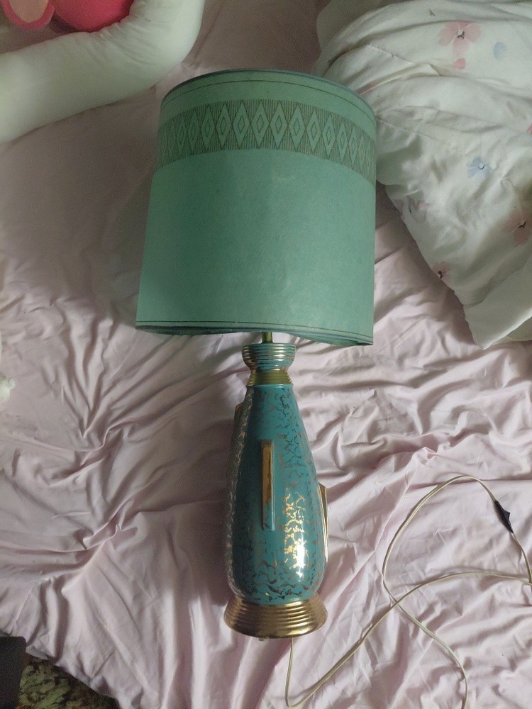 Vintage MCM Atomic Turquoise Weeping Gold Ceramic Lamp w/ Shade 1950s Retro