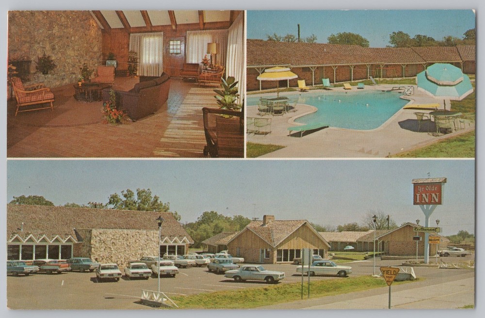 Roadside~Ennis Texas~Ye Old Inn~Lobby & Swimming Pool~Vintage Postcard