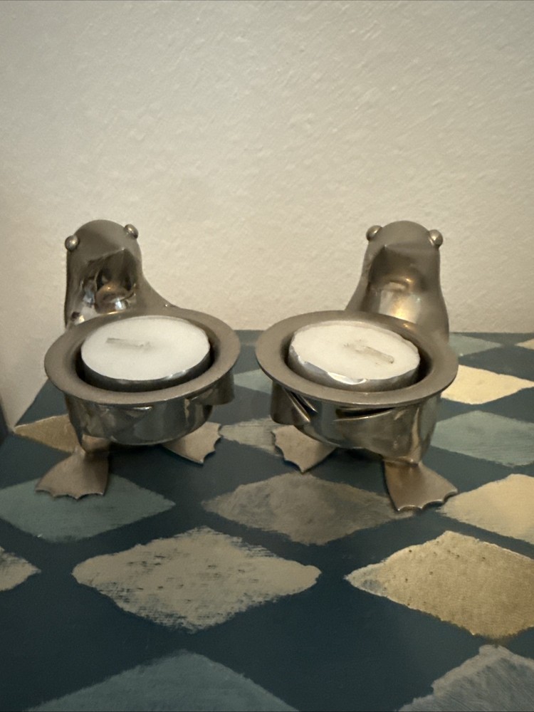 Restoration Hardware Silver Plate Penguin Tealight Candle Holder Set Of 2