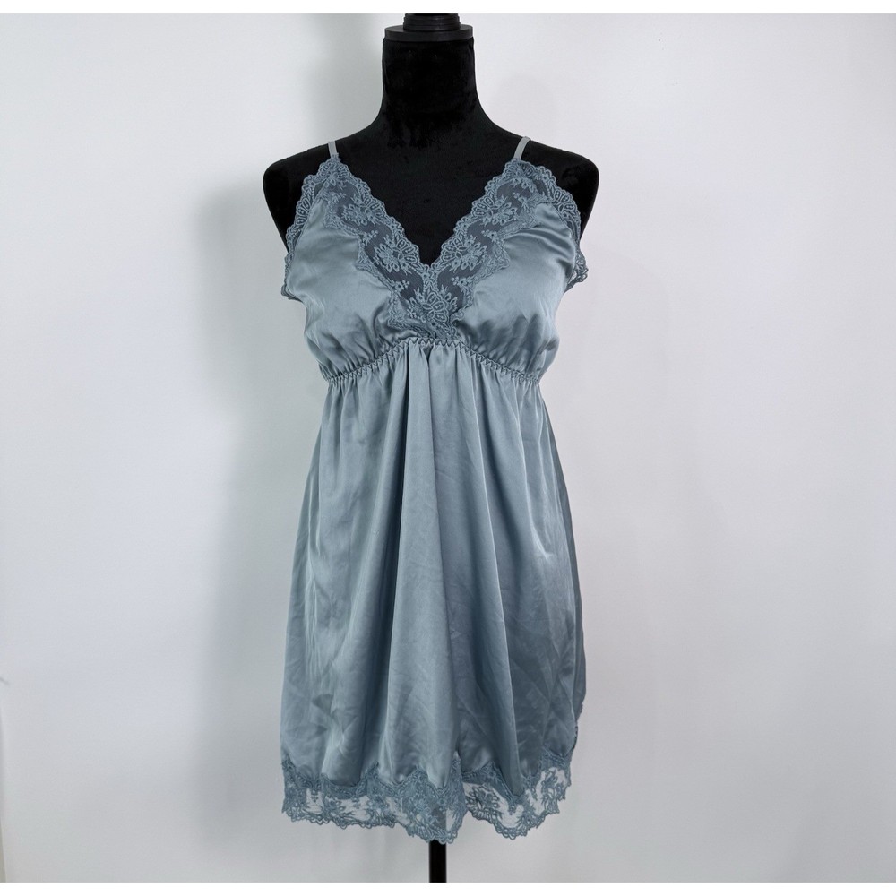 Satin Babydoll Long Cami Mini Slip Dress Womens Size L Dusty Blue Coquette