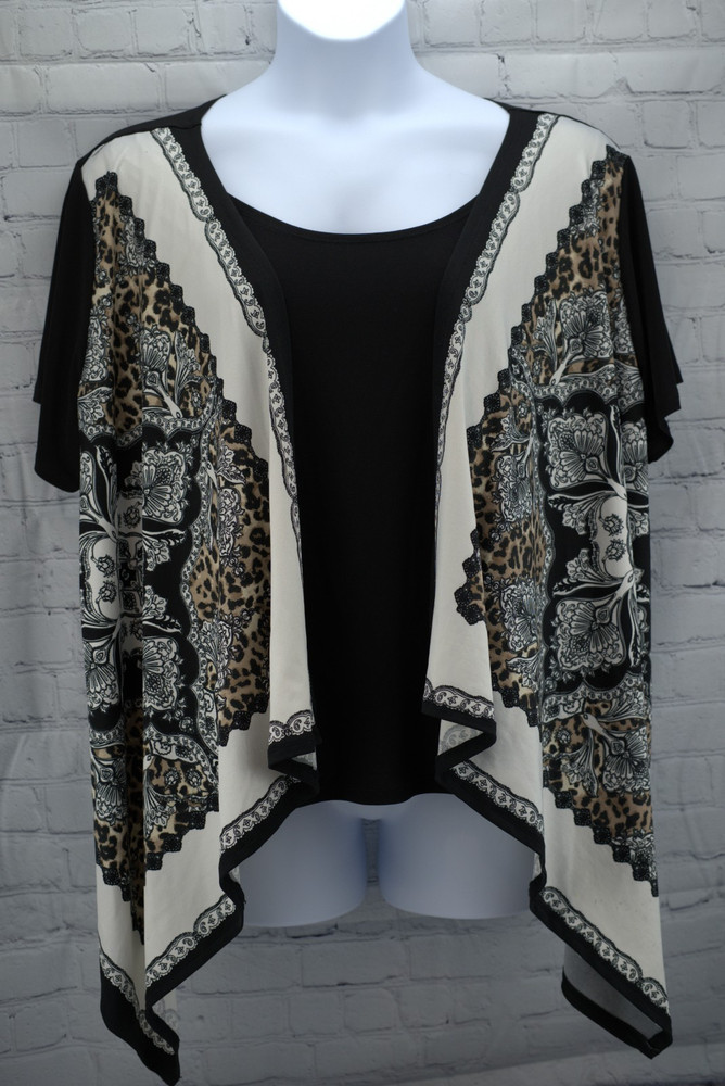Kim Rogers 2X Blouse Black Tan White Print Plus Size Stretch Short Sleeve Top