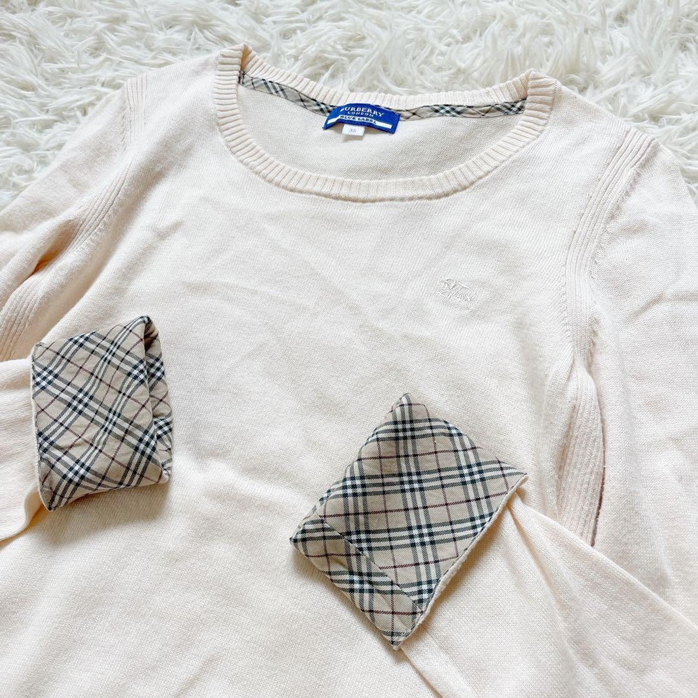 Burberry London Blue Label Knit Sweater Nova Check Logo Embroidery M Size 38