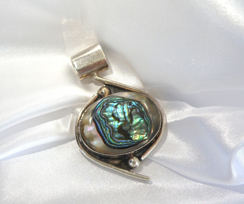 Vintage Mexico Sterling Silver 925 Large Abalone Modern Chunky Pendant Slide