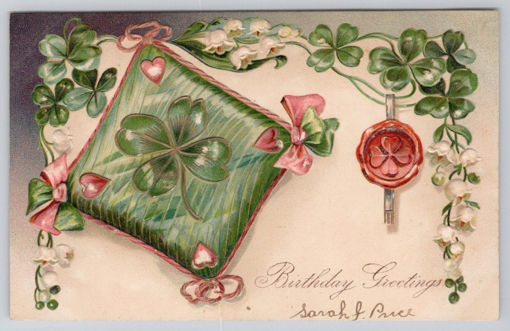 Vintage Embossed Clover Birthday Greetings Postcard Lily of Valley Germany