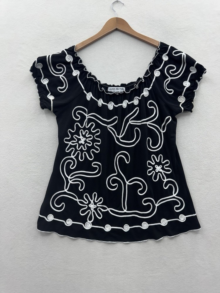 Lauren Michelle Women’s XL Blouse Black Floral Boho Embroidered Short Sleeve