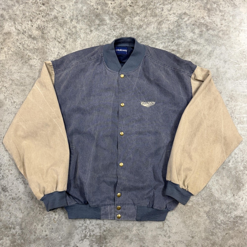 Vintage Vollrath Jacket Mens Large Blue Tan Holloway Varsity Bomber Made USA