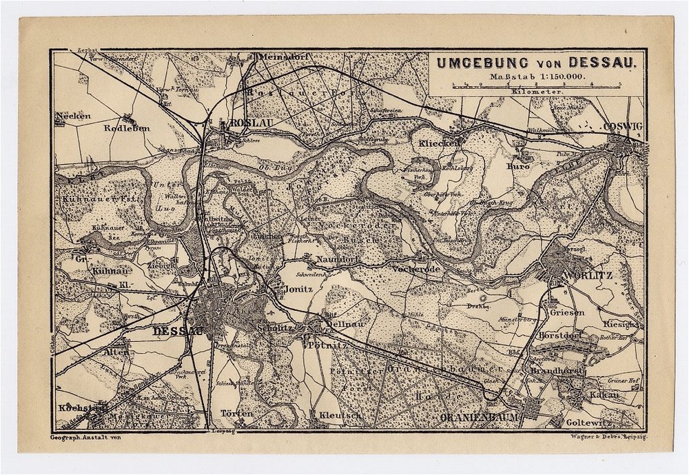 1897 Antique Map Of Vicinity Of Dessau / Saxony-Anhalt / Germany