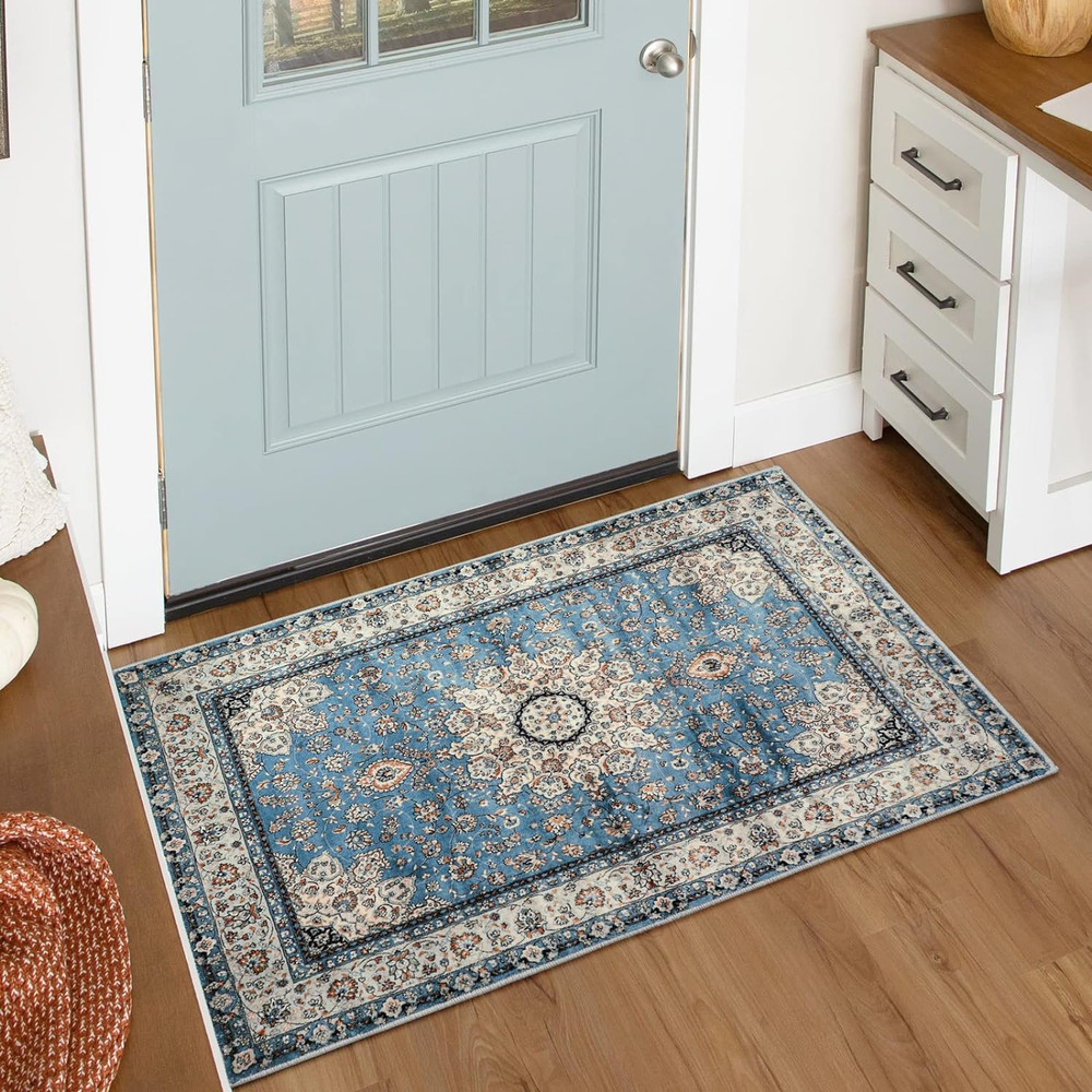 Felice Oriental Floral Medallion Area Rug - 2X3 Blue Distressed Small Entryway R