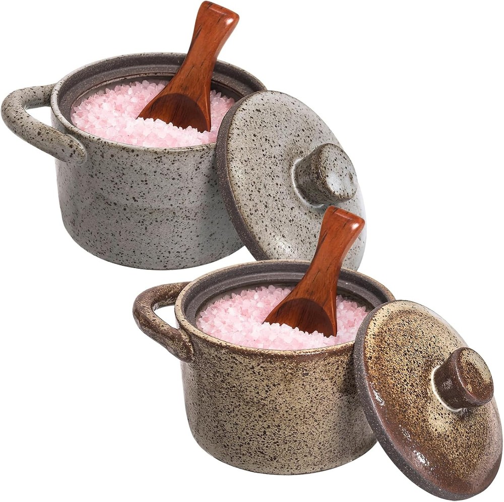 2 Set Speckled Ceramic Salt Cellar W/ Lid & Wooden Spoon Vintage-Inspired