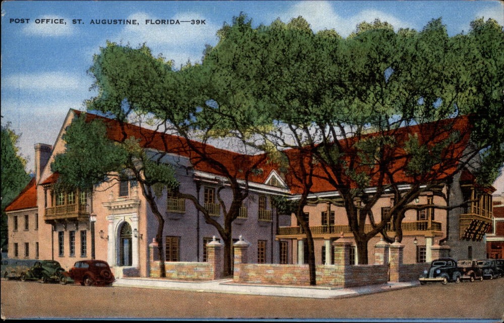 Post Office St Augustine Florida vintage cars ~ 1940s linen postcard