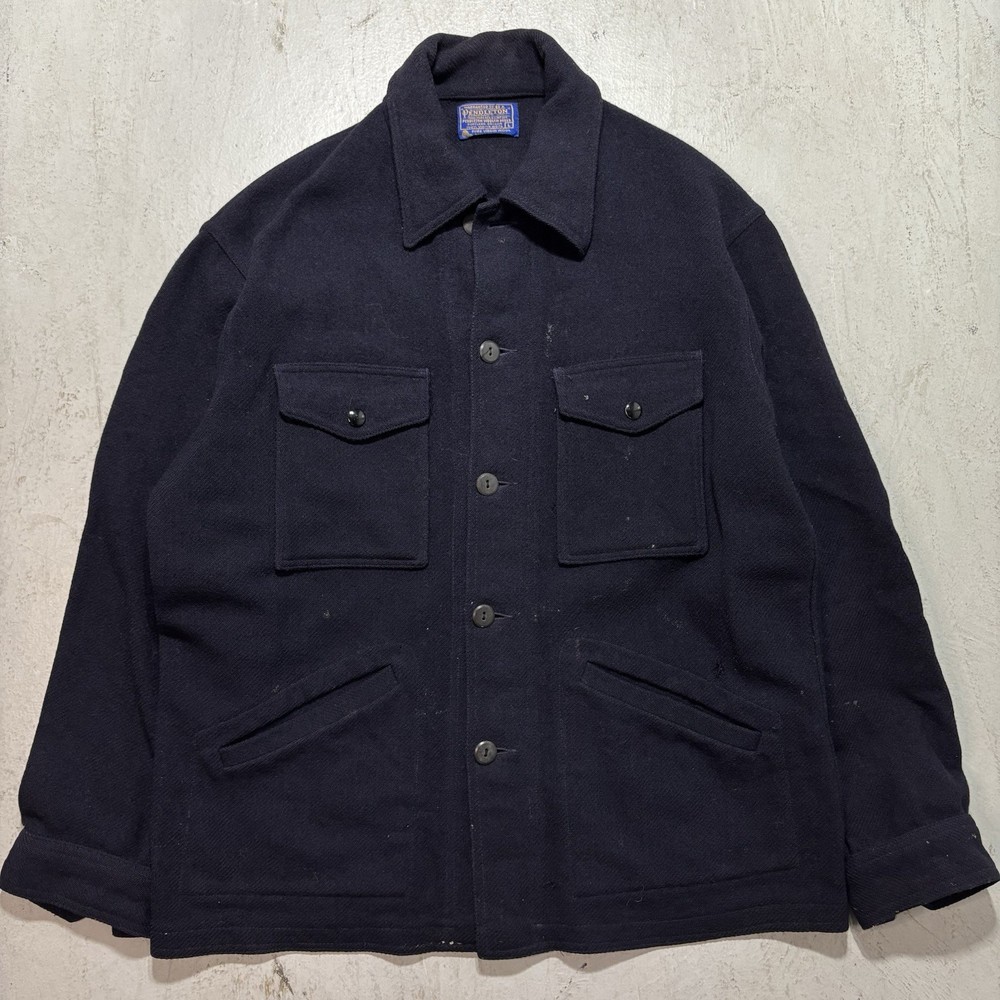 Stained True Vintage Pendleton 100% Wool Button Up Navy Blue Jacket Coat Size L