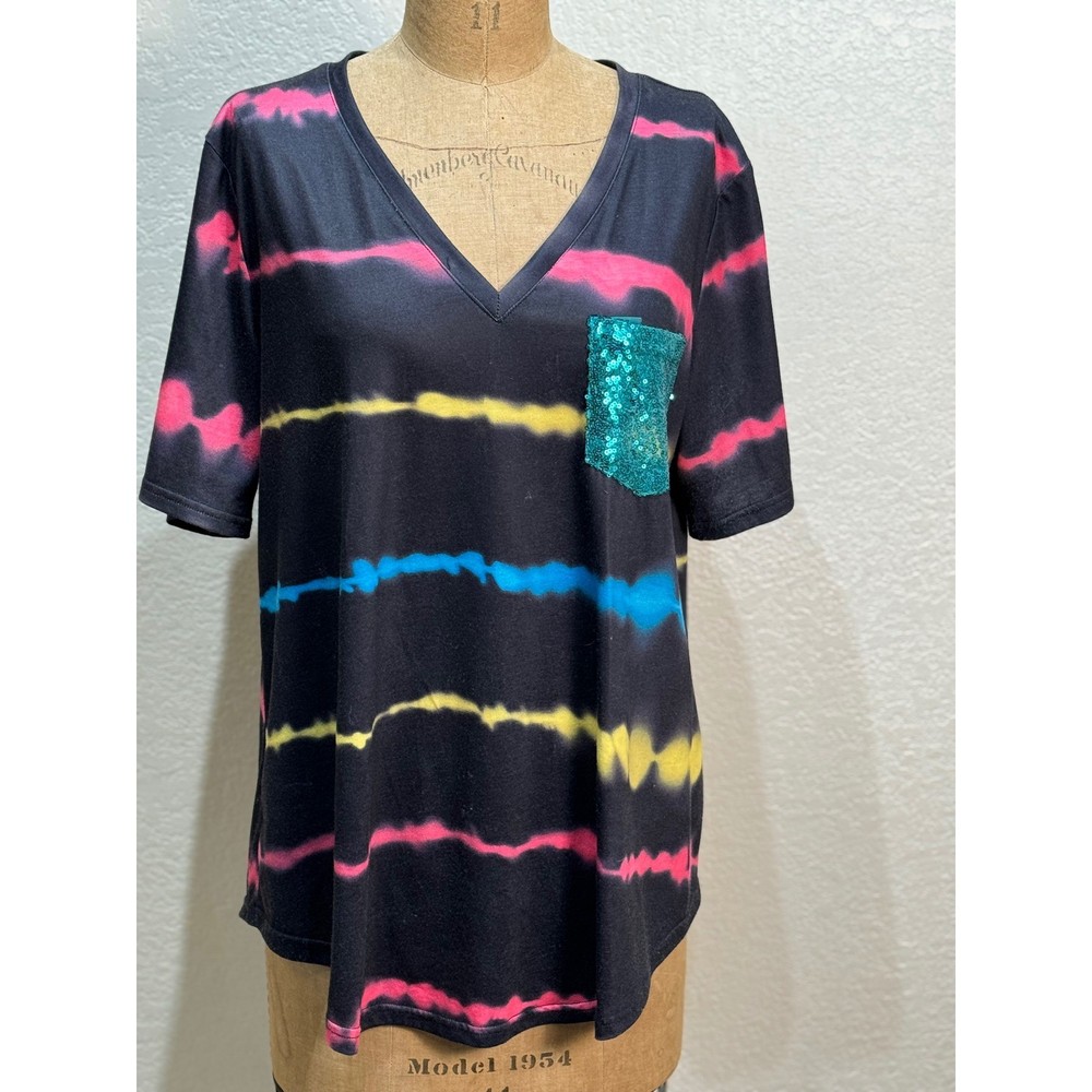 Southern Stitch Womens XL V-Neck Tie Dye T-Shirt Black Neon Sequin Pocket Top