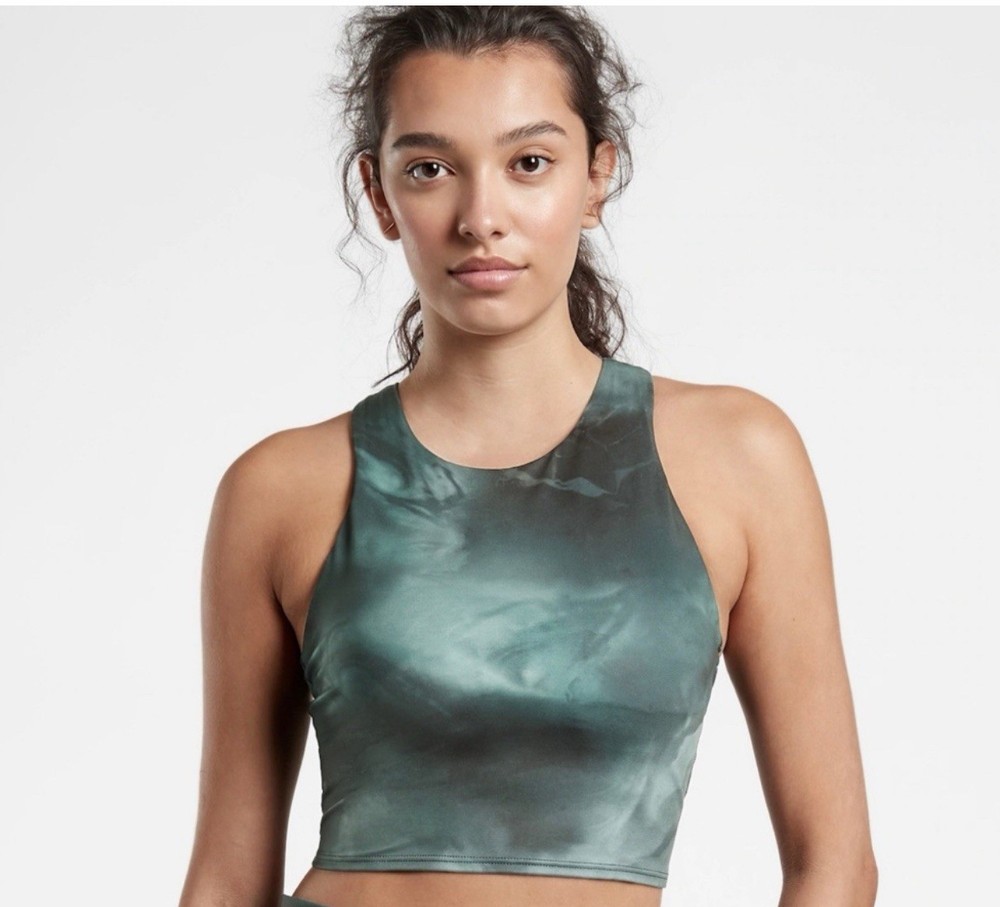 Athleta Conscious Crop Printed A-C Top Tank Built in Bra Small Green Tie Dye