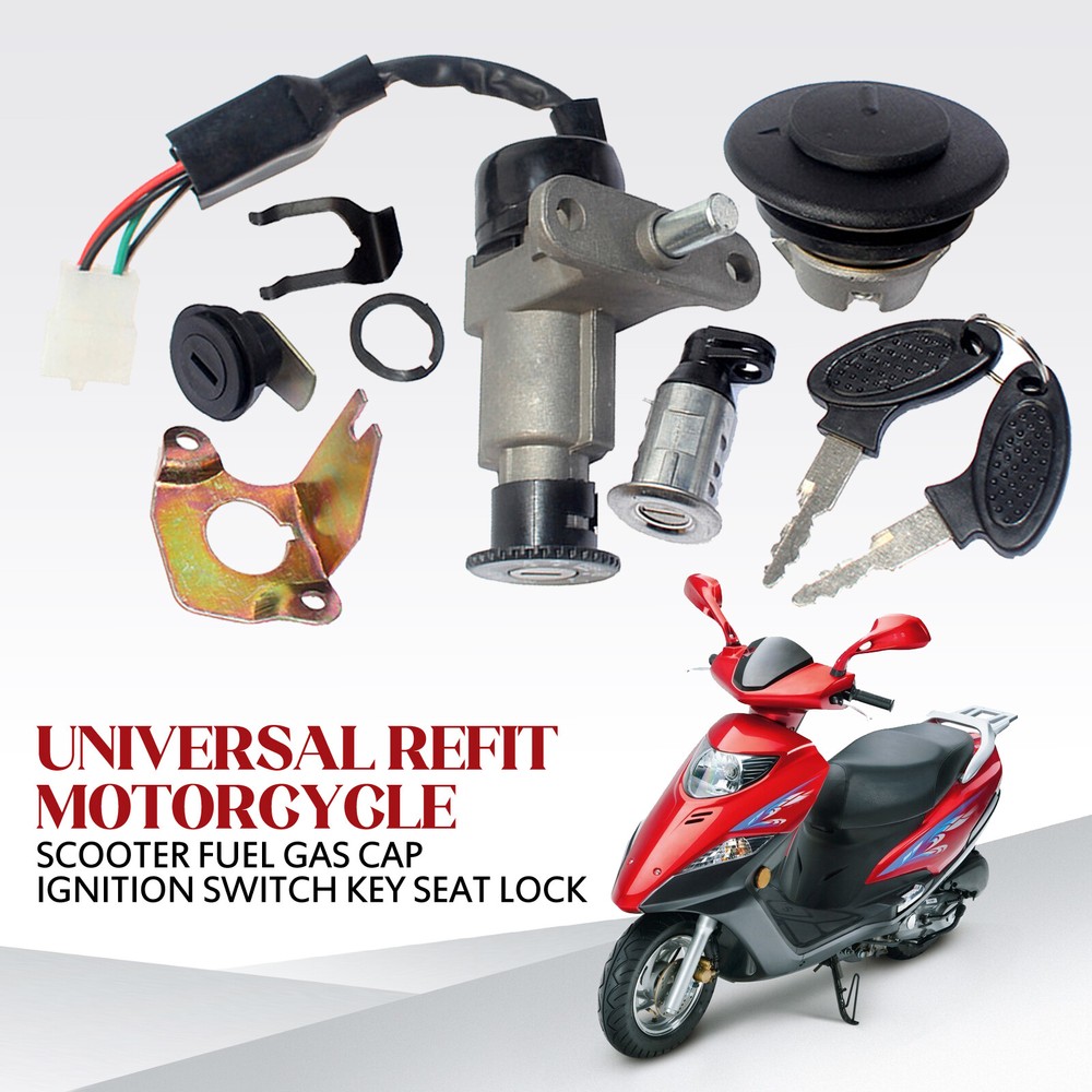 Universal Motorcycle Scooter Fuel Gas Cap Ignition Switch Seat Lock&Key Kit