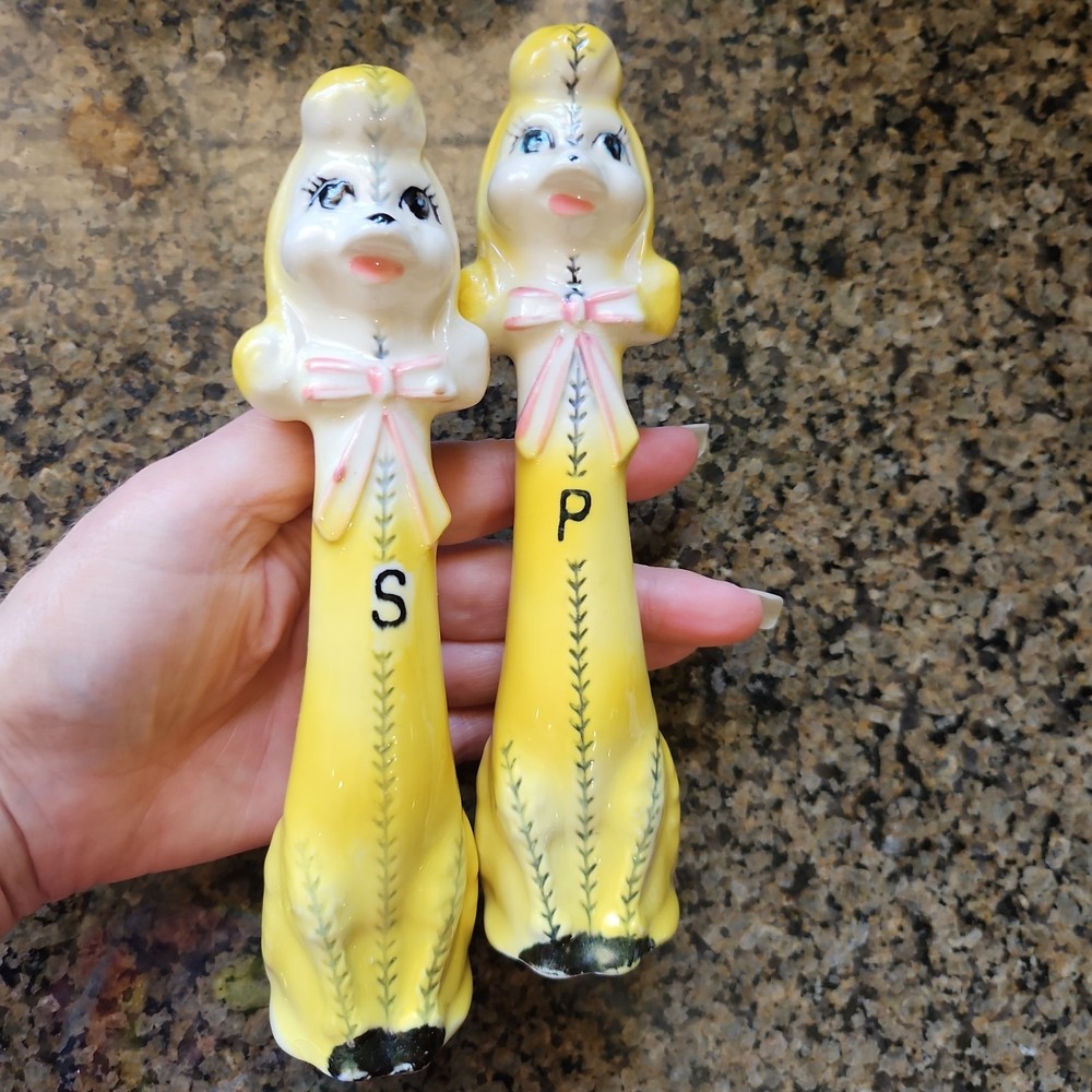 Vtg Anthropomorphic Toy Stitched Yellow Poodle Dog Salt & Pepper Shakers Series!