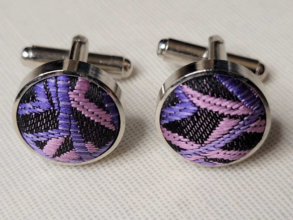 Stylish Abstract Purple Pink Black Silvertone Cufflinks in Round Design Excellent Condition-image