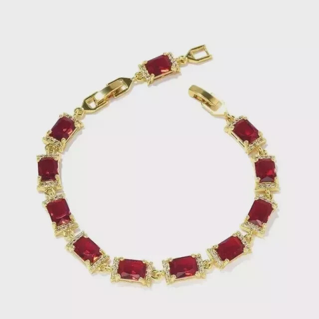7CT Emerald Cut Lab Created Women Garnet Tennis Bracelet 14K Yell Gold Plated 7