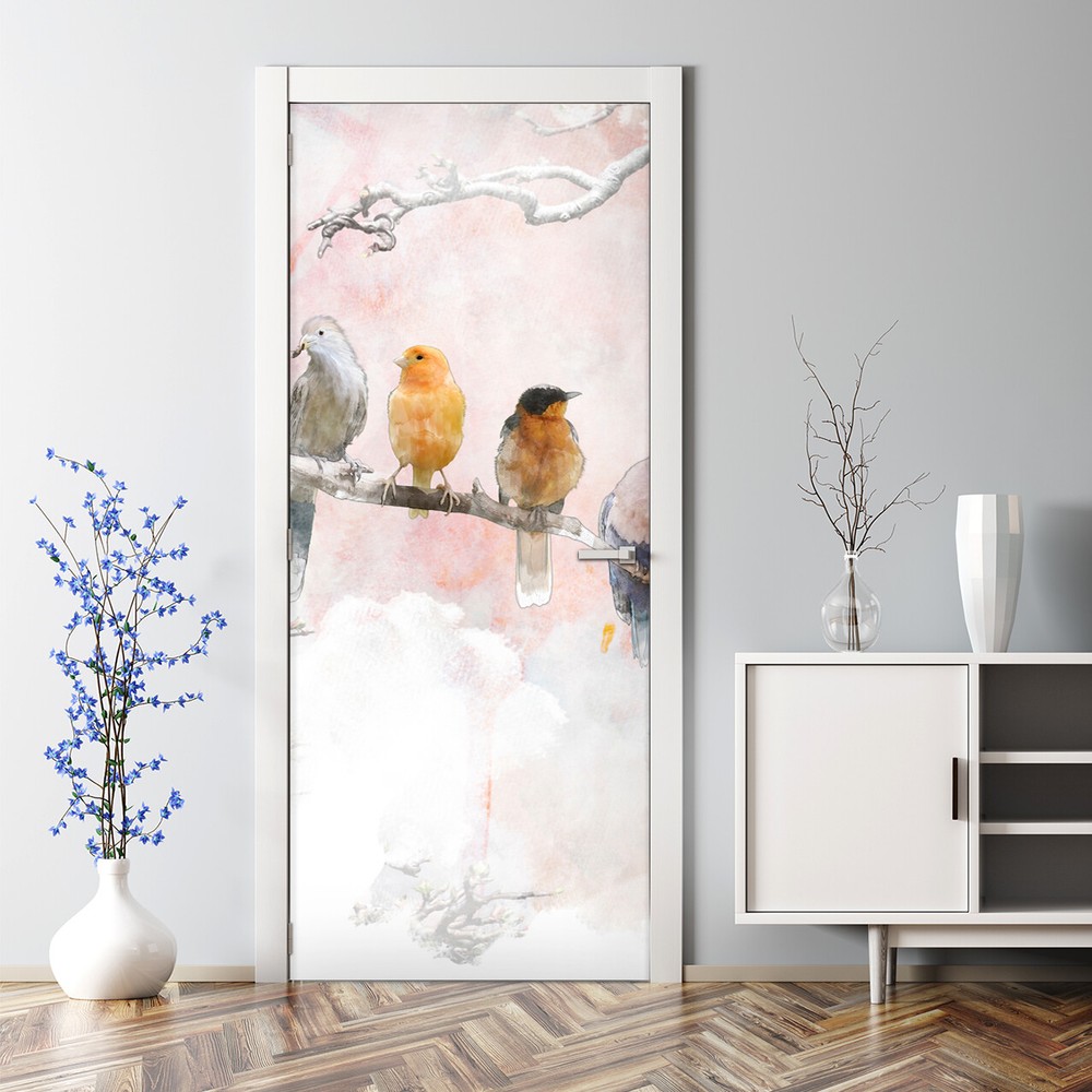 Soft pastel watercolor bird adhesive door stickers perfect for nursery decor